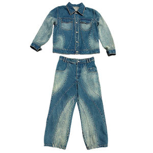 Ensemble denim deux pièces délavé de qualité supérieure personnalisé Vestes en jean brodées et pantalons en jean droit Costume en denim de couleur - Product Image 1