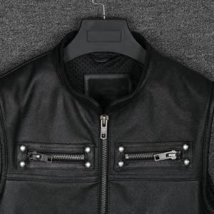 Gilets de moto en cuir confortables gilet pour hommes col montant poche zippée gilet de moto veste Slim Fit - Product Image 5