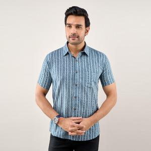 Chemise décontractée rayée bleu marine 100 % coton pour homme, coupe classique, en popeline respirante, idéale pour l'été et les tenues professionnelles formelles, pièce unique - Product Image 4