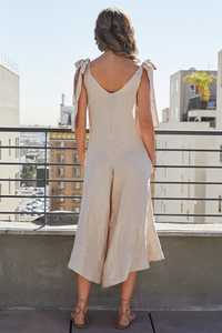 Boho Beige <b>Linen</b> Spaghetti Strap Sweet Vintage Christmas Breathable Solid Above Knee <b>Jumpsuit</b> - Product Image 2