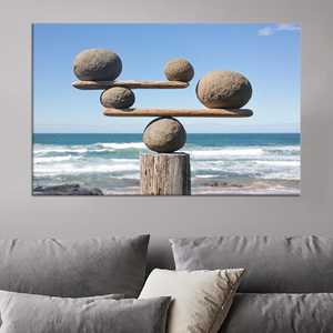 Impression sur toile élégante « Équilibre des pierres zen » sur le thème côtier - Art de la roche méditative de la plage, TOILE ENROBÉE - Product Image 1