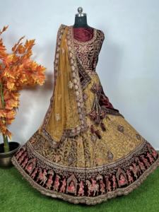 Lehenga nupcial tradicional vibrante con Jarkan pesado multicolor 12 Kali doble Dupatta Flair 6M perfecto para bodas indias - Product Image 6