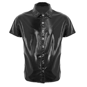 Chemises pour hommes Chemises de nuit en cuir PVC Tops Fashion Short Sleeve Button-up PU Leather Slim-fit T Shirts Latex Wetlook Dance Clubwear - Product Image 1