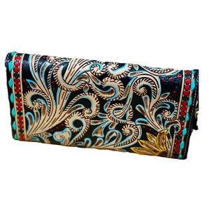 Women's Top Trending Bohemian Vintage Cowhide RFID Protected <b>Clutch</b> Hand-Tooled Leather Wristlet Embellished Logo National - Product Image 2