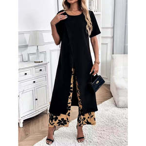 Women's Short-Sleeved <b>Viscose</b> Long Blouse with Front Cross Detail and Patterned Two-Thread <b>Trousers</b> Two-Piece Set, 35782 - Black - Product Image 1