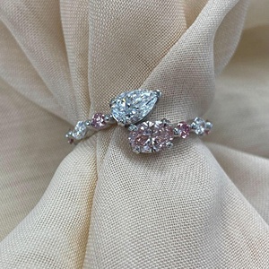 1.64CT Bypass Poire Ovale Brilliant Cut Lab Grown White & Pink Diamond Engagement Forever Us Ring Index Finger Ring 14k White Gold - Product Image 4