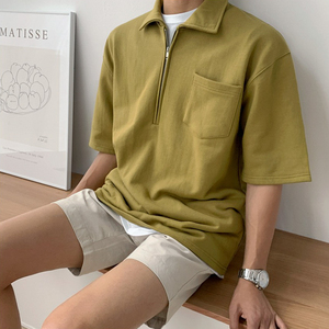 Polo Vintage para hombre, Camiseta holgada de cuello alto para la frente, Top de manga corta con media cremallera, tendencia de verano - Product Image 4