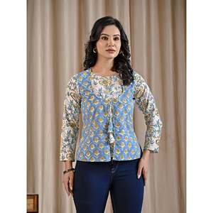 เสื้อผู้หญิงผ้าฝ้ายสีน้ำเงินพิมพ์ลายบล็อกด้วยมือ ทรงเอซิมเมตริก ระบายอากาศได้ดี ผ้าป๊อปลิน ปักลายดอกไม้ ไซส์ XS-XL เหมาะสำหรับใส่ทำงาน - Product Image 6