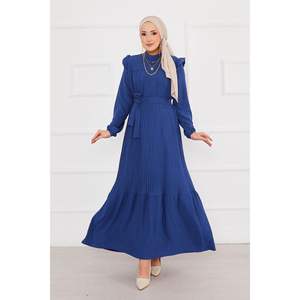 Robe modeste plissée indigo épaules à volants motif floral élégant Empire One s'adapte à tous les ODM soirée formelle tenue de soirée XS 6XL - Product Image 2