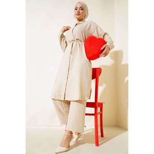 ชุด2ชิ้นผ้าลินินสีเบจสำหรับผู้หญิงเสื้อคลุมยาวมีกระดุม - Product Image 3