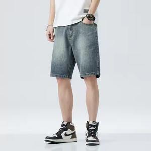 Pantalones cortos vaqueros de cintura alta Retro personalizados 2025 para hombre, ropa de calle informal de corte recto con decoración bordada, lavado de colores - Product Image 3