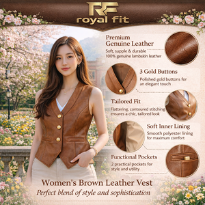 Chaleco de Cuero Genuino Personalizado para Mujer, Corte Entallado, Cierre de Botones, Color Marrón, Proveedor OEM ODM - Product Image 5