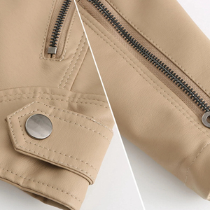 Women's Beige PU <b>Leather</b> Moto <b>Jacket</b> Full Sleeve Stand Collar Zipper Closure Regular Fit Autumn Style - Product Image 6