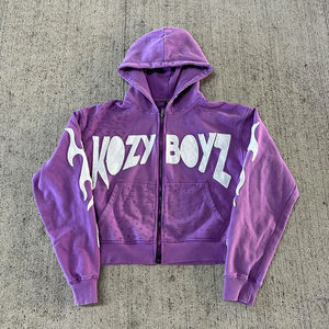 Sweat à capuche zippé pour homme, style streetwear hip-hop, en molleton bouclette, délavé à l'acide, vintage, effet usé, écologique, coupe-vent - Product Image 5