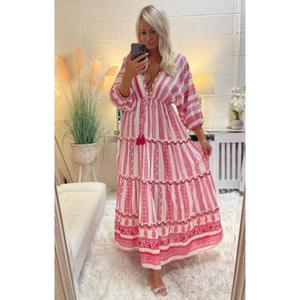 เดรสแม็กซี่ผ้าฝ้ายคอวี แขนสามส่วน ไซส์ฟรีสำหรับผู้หญิง ลายพิมพ์เรียบๆ ยาวคลุมเท้า แต่งลูกไม้สไตล์แอฟริกัน เหมาะสำหรับงานปาร์ตี้ลำลอง - Product Image 4