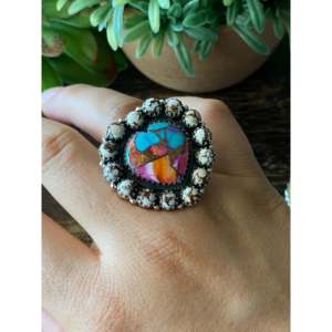 Southwest Handmade Multi Stone Sterling <b>Silver</b> <b>Adjustable</b> Cluster <b>Ring</b> 6mm Bezel & Invisible Setting Casual Gift - Product Image 2
