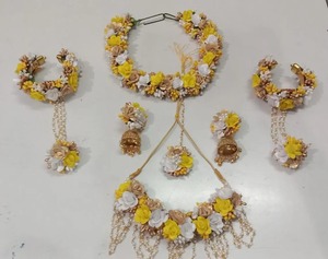 เครื่องประดับงานแต่งงานสีขาวสีเหลืองเมห์สำหรับเจ้าสาวลายดอกไม้กับเปลือกหอยวัวทำด้วยมือชุดที่ทันสมัยสร้อยข้อมือต่างหูสร้อยคอเจ้าสาว haldi - Product Image 6