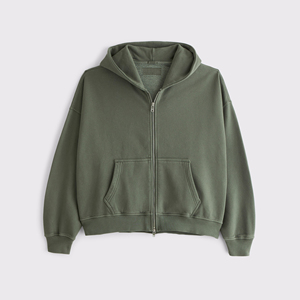 Sweat-shirt à capuche zippé pour homme, vert olive uni, 100% coton, molleton français, coupe ample décontractée, vêtements d'hiver - Product Image 5