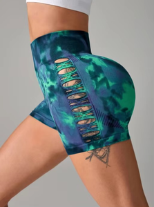 Pantalones cortos deportivos Tie-Dye para mujer Pantalones cortos de Yoga de tres cuartos para levantamiento de cadera de malla hueca - Product Image 4