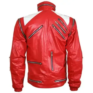Michael Jackson Red White Beat It Autumn Stand Collar Finished Genuine <b>Leather</b> <b>Jacket</b> - Product Image 3