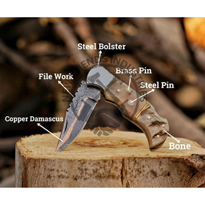Cuchillo Plegable de Acero de Damasco de Grado Industrial de Venta Caliente, Mango de Hueso, Refuerzo de Acero, Incrustaciones de Cobre, Cuchillo Táctico de Bolsillo 4-5mm OEM - Product Image 3