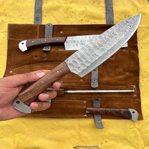 Tendance lames personnalisé 8 pouces en acier damas cuisine Chef couteau utilitaire ensemble forgé à la main en acier au carbone lame manche en bois rouleau de cuir - Product Image 3