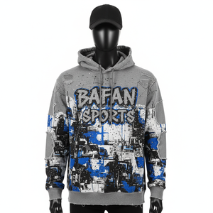 Sudadera con capucha premium de mezcla de algodón en gris azulado y negro con diseño gráfico, detalles desgastados y logotipo personalizado. - Product Image 1