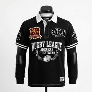 Camiseta de rugby de manga larga para hombre, 260 GSM, algodón y poliéster, jersey de rugby con logotipo bordado con rayas negras, camisetas de rugby para hombre - Product Image 1