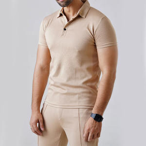 100% Cotton Made Luxurious Solid Beige Knit Textured <b>Short</b>-Sleeve Polo Shirt & Fit <b>Trouser</b> Casual Wear Wholesale <b>Men</b> Tracksuits - Product Image 2