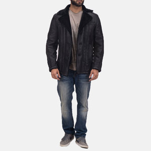 Chaqueta de Cuero Genuino para Hombre con Forro de Piel Sintética, Cuello Camisero, Cierre de un Solo Botón, Resistente al Viento, Estilo Casual de Invierno - Product Image 3