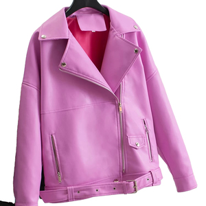 PU Faux Cuir Veste Femmes Lâche Ceintures Casual Biker Vestes Outwear Femme Tops BF Style Noir Veste En Cuir Manteau Rose Couleur - Product Image 1