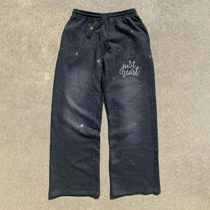 กางเกงวอร์มสีบานสำหรับออกกำลังกายกางเกงวอร์มขอบบานประดับพลอยเทียมยืดหยุ่นสีดำมีโลโก้พิมพ์ลายหน้าจอ - Product Image 1