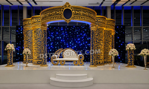 Splendid Gold and Black Fiber <b>Backdrop</b> <b>Stand</b> Grand Wedding Reception Theme Stage South Asian Crown for Party Decor - Product Image 3