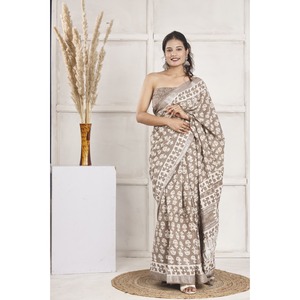 ผ้าซารีผ้าลินินผสมฝ้ายพิมพ์ลายด้วยมือ คอเสื้อแบบไร้สาย ระบายอากาศได้ดี ด้วยเทคนิคการพิมพ์ลายด้วยมือ - Product Image 1