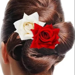 กิ๊บติดผมรูปดอกกุหลาบหรูหราสำหรับผู้หญิงเครื่องประดับผมดอกไม้ประดิษฐ์สีแดงและสีขาวสำหรับงานแต่งงานและสวมใส่ทุกวัน - Product Image 1