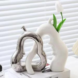 Jarrón de flores blanco y plateado único, decoraciones para el hogar, jarrón de cerámica dorado de escritorio de porcelana para restaurante, salón y decoraciones para el hogar - Product Image 2