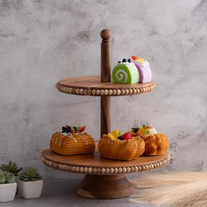 Support à gâteau en bois à deux étages avec décorations de perles, parfait pour les baby showers, les réceptions de mariage et les fêtes de fin d'année, pour servir des desserts - Product Image 5