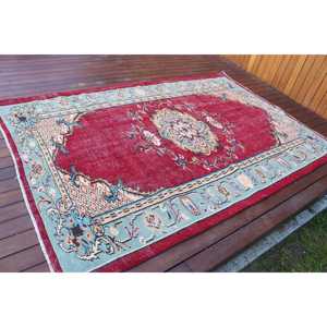 พรมตุรกีโบราณขนาดใหญ่ 5.3x8.1 ฟุต ลายตารางสีแดง ทำจากขนสัตว์ - Product Image 2