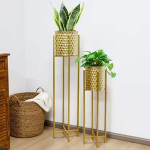 Set of 2 Metal <b>Planters</b> with <b>Gold</b> Powder Coated Stand Different Sizes Round Shape Metal Flower <b>Planters</b> for Home Garden Decor - Product Image 4
