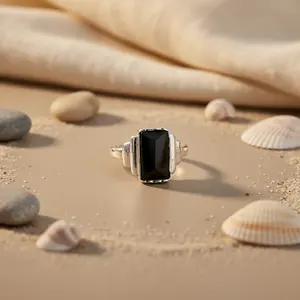 "Men's Rhodium-Plated 925 Silver Geometric Diamond Cut <b>Onyx</b> <b>Ring</b> with Bezel Setting" - Product Image 2
