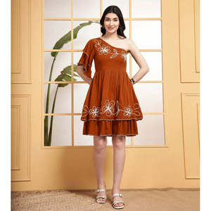 DEEBACO Women's Rayon Knee Length One Shoulder Asymmetric Tiered Embroidered Stylish One Piece <b>Dress</b> - Product Image 6