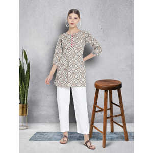 Short en coton à imprimé géométrique Kurti pour femmes Options multicolores disponibles - Product Image 4