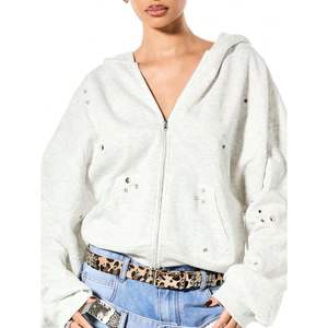 Sweat à capuche oversize à fermeture éclair avec logo personnalisé, mode décontractée pour femmes, strass métalliques, hiver, œillets, sweat à capuche de haute qualité - Product Image 6