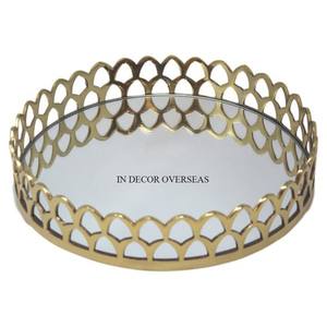 Juego de 2 hojas y flores de aspecto atractivo Diseñador Mejor calidad Metal Forma redonda Mesa Centro de mesa Espejo Bandeja de servicio Suministro - Product Image 2