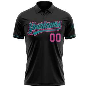 Polo personnalisé par sublimation avec nom et numéro, noir avec rose et turquoise, vêtements de sport imprimés sur mesure, vêtements d'équipe - Product Image 1