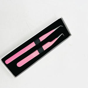 Ensemble de pinces à épiler pour extensions de cils en acier inoxydable durable, deux pièces, avec revêtement en poudre rose, pointe lisse, prise diamantée, 90 et 45 degrés - Product Image 6