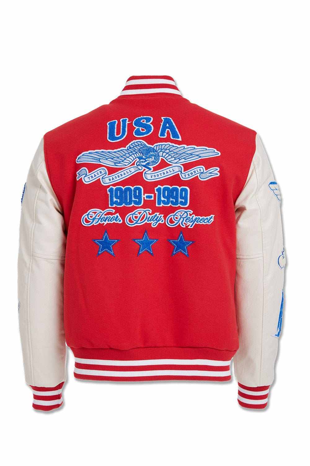 Shop Our Red Varsity Jacket for Men - USA Patch Streetwear