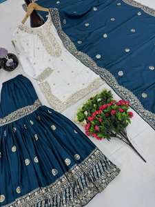 Par de Sharara blanco y azul pesado con estilo de diseñador en tela Chinon con trabajo de secuencia de bordado para ropa de mujer en festivales - Product Image 2