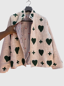 Veste en lin et coton avec imprimé cœur et motif plus, col montant, manches longues, coupe ample, pour adulte, tenue d'automne - Product Image 3