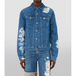 Vestes de créateur de couleur bleue déchirées pour hommes, vente en gros de vestes en jean à col rabattu personnalisées avec empiècements et poches sur le devant - Product Image 2